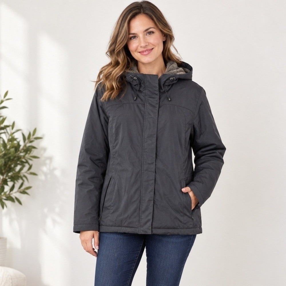 LL Bean Hooded Jacket Womens Size Medium Gray Fleece Lined Zippered Pockets